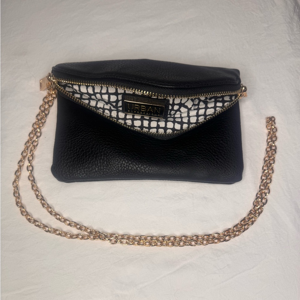 Urban Expressions Black Vegan Leather Crossbody Wristlet Handbag w/Gold Chain